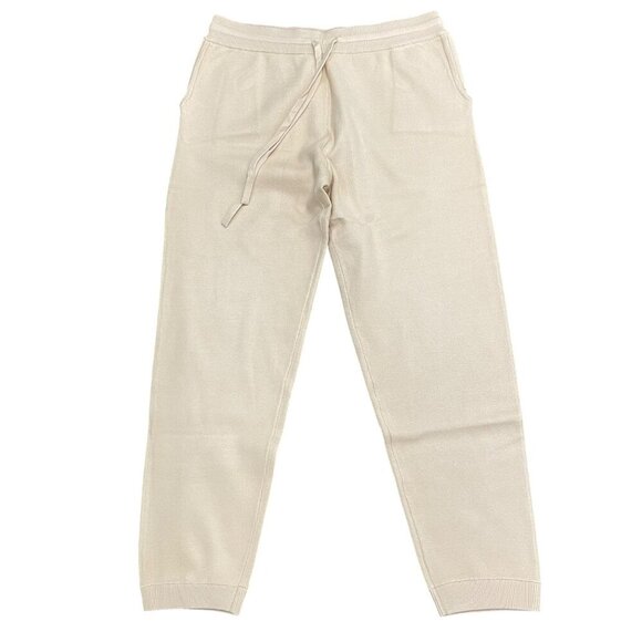 Monrow Womens Beige Knit Jogger Pants Ribbed Cuffs & Drawstring Waist Sz Large - Picture 1 of 7